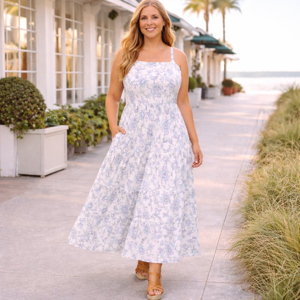 Lane Bryant Floral Cotton Tiered Maxi Dress Pockets Size 16 NWT Boho Cottagecore